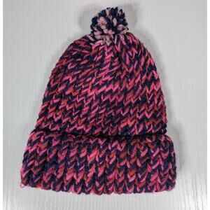 Crochet Hat Youth SIze Homade Pink Blue Pom Beanie